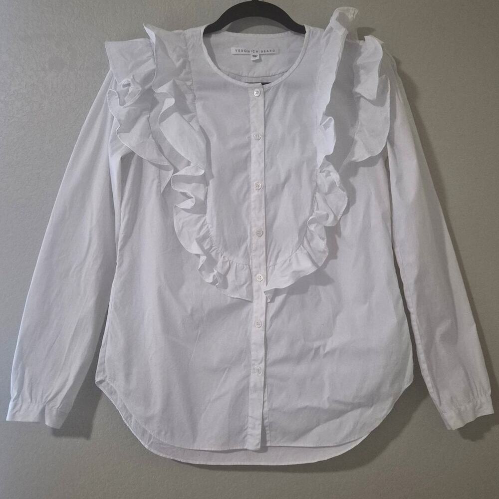 Veronica Beard White Ruffle Yoke Cotton Button Front Blouse
